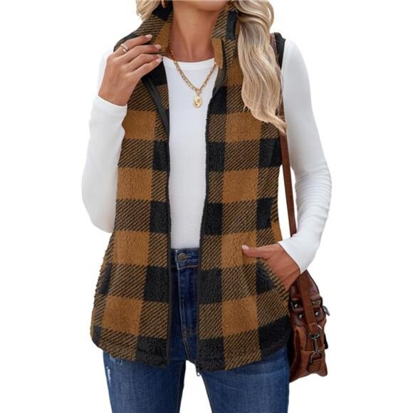 Vest For Women Sleeveless Brown Plaid - Picture 1 of 6